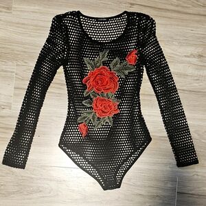 PAPERMOON Black Mesh Bodysuit NEVER WORN w/ Embroidered Roses Applique, Sz Large